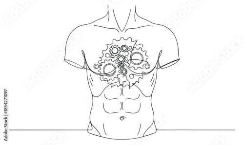 An outline illustration of a male torso with gears integrated into the chest area in a minimalist vector style, suitable for health and technology themes