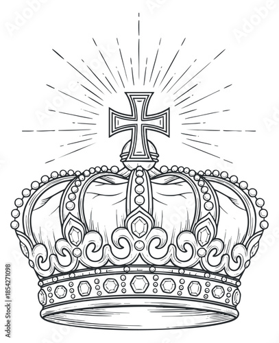 A royal crown with intricate details and a cross in a black and white line art vector style, ideal for branding and regal themes