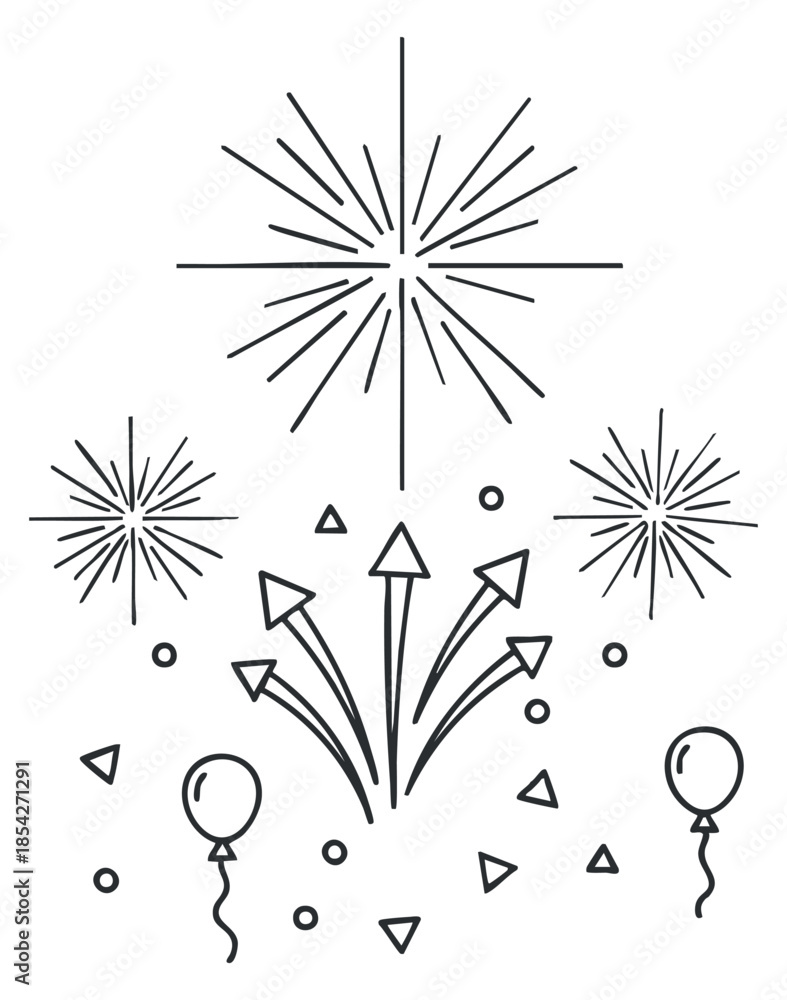 Obraz premium A collection of fireworks, balloons, and festive symbols in minimalist outline vector style, ideal for party and celebration designs