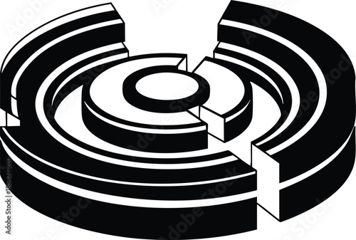 Isometric three dimensional segmented circular ring with missing wedge top view close up black and white vector infographic target maze diagram high contrast geometric design symbol
