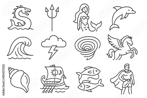 Sea Myth Icons. Line style icons of sea myths: sea monster, trident, siren, dolphin; giant wave, storm cloud, whirlpool, winged