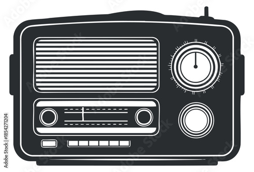 A vintage radio receiver with dials and controls in black and white outline vector style, ideal for music and audio-related designs