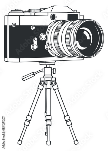 A detailed outline illustration of a camera mounted on a tripod in modern vector style, suitable for photography projects and design