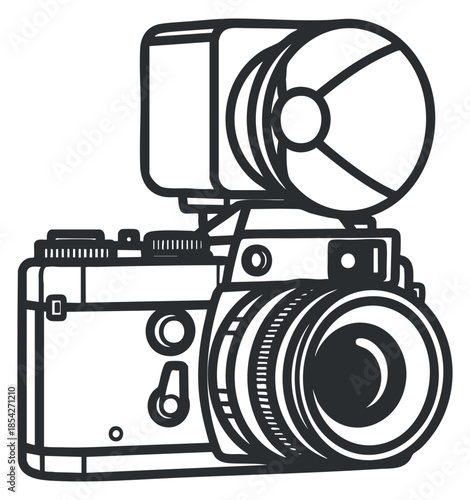 A vintage film camera with a flash unit in black and white outline vector style, ideal for photography-themed designs