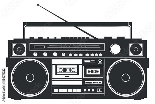 A vintage boombox with cassette player and speakers in black and white vector style, ideal for music-themed designs