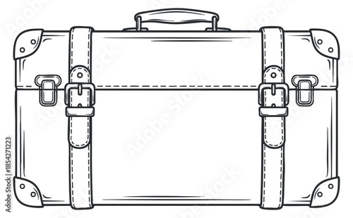 A vintage-style suitcase with buckles and stitching in a clean outline vector design, perfect for travel-related projects
