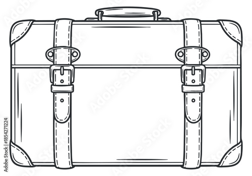 A vintage suitcase with leather straps and buckles in black and white line art style, suitable for travel-themed designs