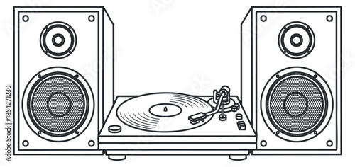 A turntable with two speakers in minimalist black and white outline vector style, ideal for music-related projects