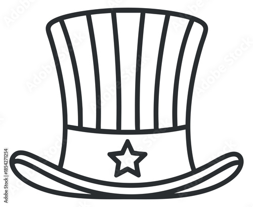 A top hat with a star detail in black and white outline vector style, perfect for party invitations and themed events