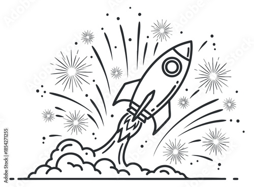 A rocket launching with fireworks in a clean outline vector style, ideal for technology and innovation themes