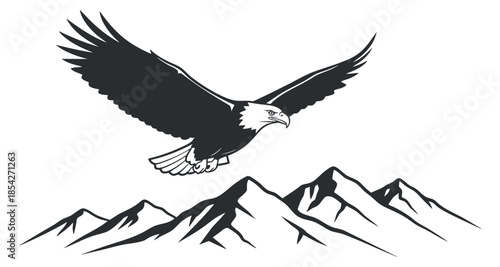 A soaring eagle in flight over a mountain range in black and white minimalist vector style, ideal for nature-themed designs