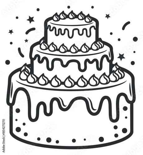 A layered cake with frosting and decorative elements in black and white outline vector style, ideal for celebration invitations
