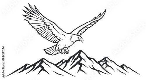 An eagle soaring above a range of mountains in black and white outline vector style, ideal for outdoor and adventure themes