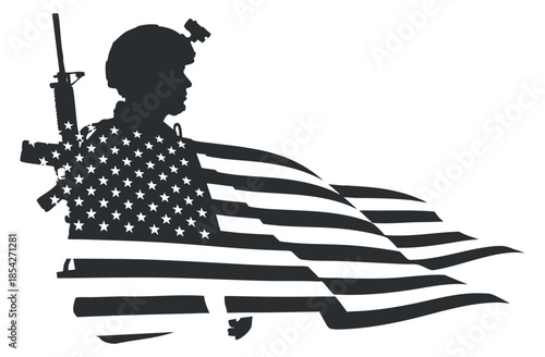 A soldier silhouette integrated with the American flag in a bold black vector style, ideal for patriotic designs and military themes