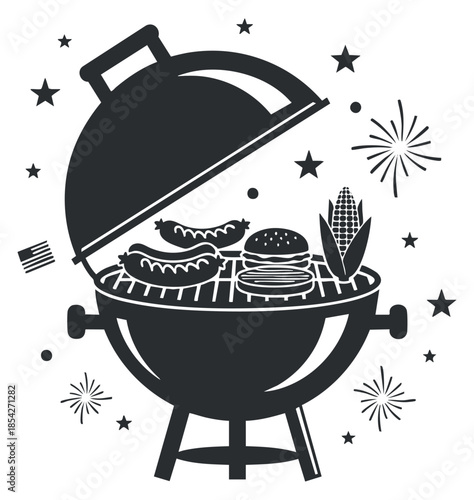 A barbecue grill with various food items like burgers and hot dogs in black and white vector style, ideal for summer party themes