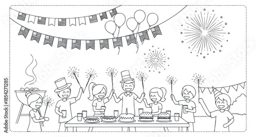 A festive gathering scene with people celebrating around a table, featuring fireworks, balloons, and decorations in outline vector style, ideal for event invitations and party planning