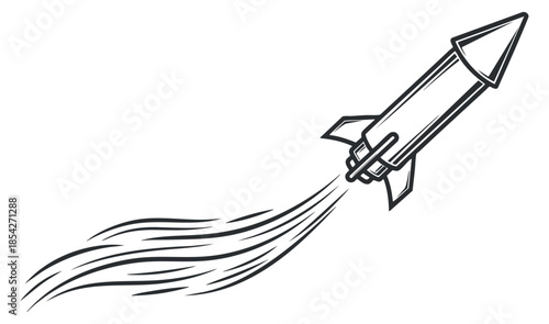 A rocket launching with dynamic motion lines in minimalist vector style, perfect for technology and innovation projects