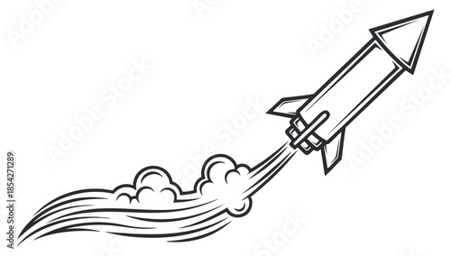 A rocket launching with smoke trails in a clean black outline vector style, ideal for technology and innovation projects