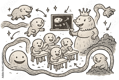 Whimsical Mole-Rat Classroom. Whimsical doodle mole-rat colony classroom with happy students, cartoon mole-rats floating, smiling