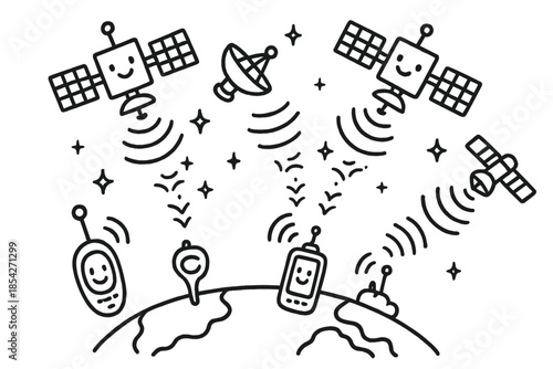 Smiling Satellite Network. Playful doodle GPS satellite network with happy satellites, smiling signals connecting to cartoon