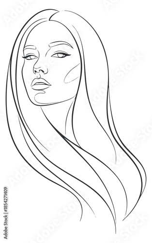 A minimalist line art illustration of a woman with flowing hair and a graceful profile, ideal for beauty and fashion branding