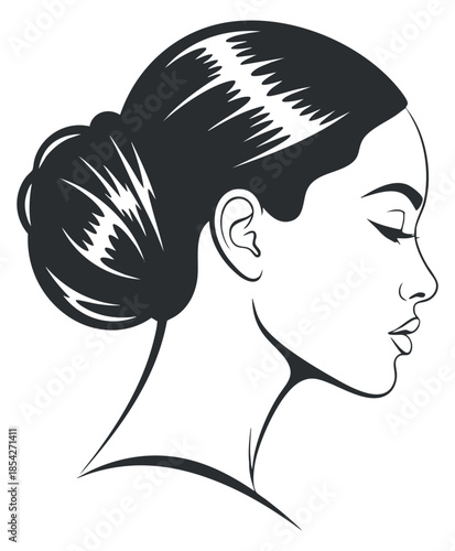 A side profile of a woman's face with an elegant bun hairstyle in minimalist black line art style, suitable for beauty and fashion branding