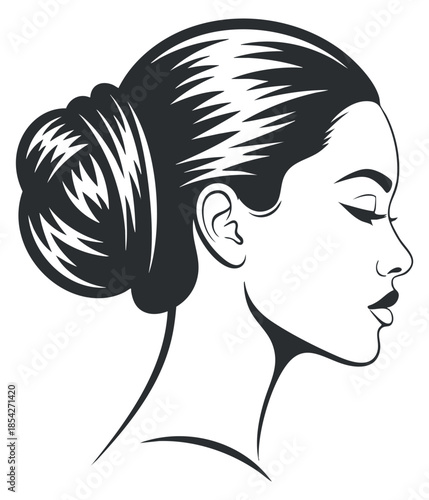 A profile illustration of a woman with a stylish bun hairstyle in black and white vector style, perfect for beauty and fashion branding