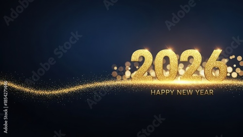 Happy new year 2026 celebration with golden glitter and festive bokeh lights