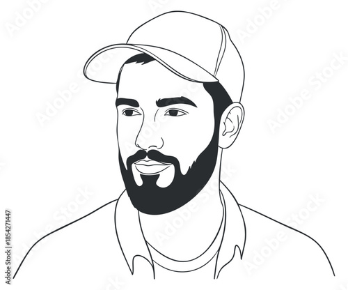 A minimalist outline illustration of a man with a cap and beard in modern vector style, suitable for character design or branding