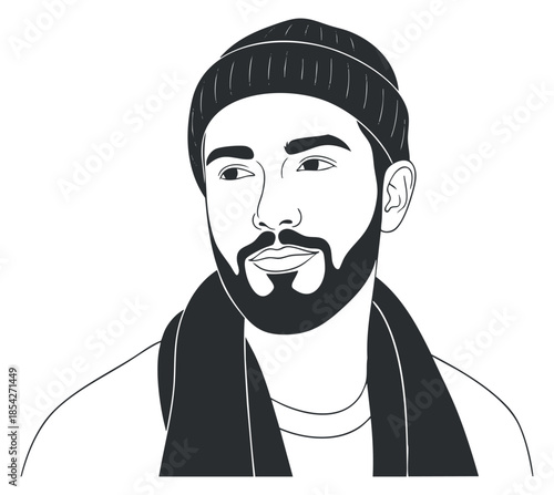 A minimalist line art portrait of a young man wearing a beanie and scarf in black and white vector style, suitable for fashion illustration and branding
