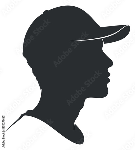 A silhouette of a man wearing a cap in minimalist black and white vector style, suitable for logo design and branding