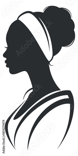 A silhouette of a woman with a headband in elegant black and white vector style, suitable for beauty and fashion branding