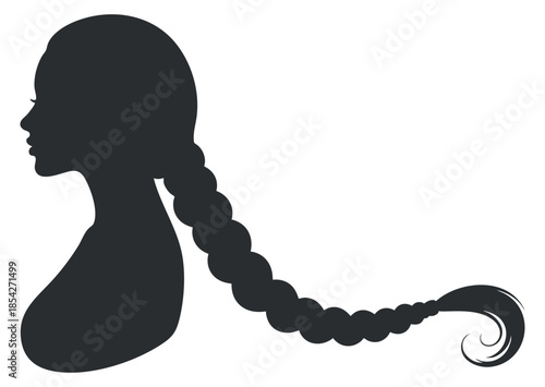 A silhouette of a woman's profile with a long braided hairstyle in black vector style, perfect for beauty and fashion designs