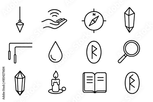 Occult Line Icons. Line style icons of Occult Practices: Pendulum, Energy Measurement, Dowsing Map, Alternative Technique; Compass