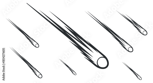 A collection of comet and meteor streaks in black and white vector style, ideal for space-themed designs and illustrations