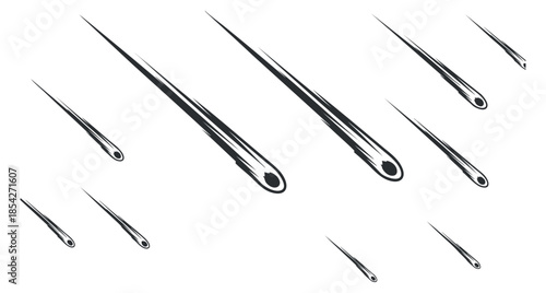 A collection of falling meteors with long trails in black and white minimalist vector style, suitable for space-themed designs