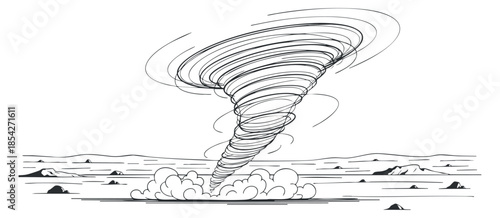 A tornado illustrated in black and white outline vector style, suitable for weather-related projects and educational materials