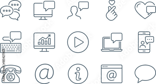 Collection of contact, communication, and digital line icons, featuring chat bubbles, email, phone, video play, and heart gesture symbols, vector graphic set.