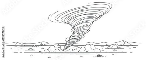 A swirling tornado rising from the ground in a black and white outline vector style, ideal for weather-related designs