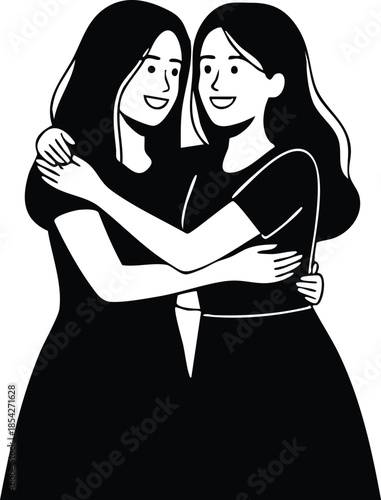 Line art minimal close up two women hugging each other looking at camera wearing black dresses full length simple monochrome emotional friendly smile arms around shoulders