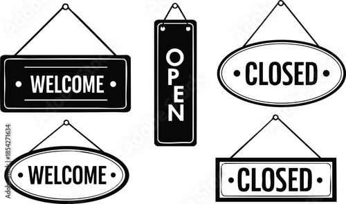Line art flat design vintage shop signs set five hanging welcome open closed placards black and white front view close up vector illustration isolated simple bold