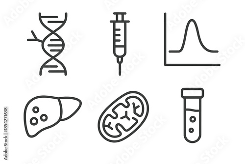 Metabolic Disorders Icons. Line style icons of Metabolic Disorders: DNA mutation, insulin syringe, glucose spike chart, fatty