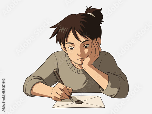 Young Woman Writing with Quill Pen.