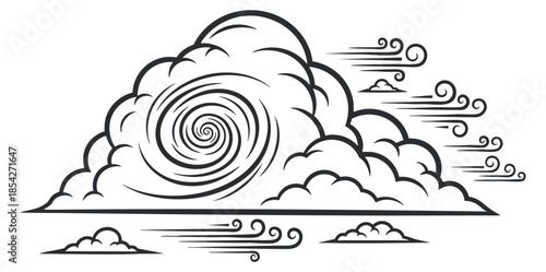 A swirling cloud with wind accents in black and white outline vector style, ideal for nature-themed designs