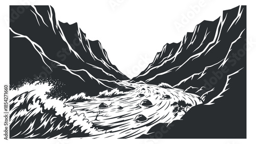 A flowing river surrounded by rugged mountains in black and white vector style, ideal for nature-themed designs and outdoor projects
