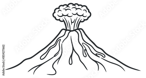 An erupting volcano with smoke and lava in black and white outline vector style, suitable for educational materials and environmental themes