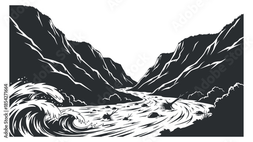 A dramatic river flowing through mountain valleys with crashing waves in black and white vector style, ideal for outdoor adventure themes
