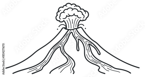 A volcanic eruption with smoke and lava in a black outline sketch style, suitable for educational materials and environmental themes