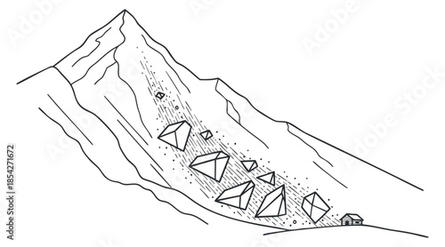 A mountain with an avalanche of falling rocks and snow in minimalist line art vector style, ideal for environmental awareness projects