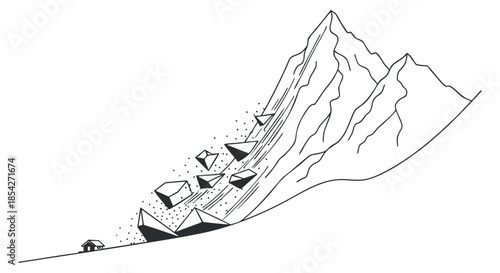 A minimalist outline illustration of a mountain with a landslide and a small cabin, ideal for environmental themes and outdoor design